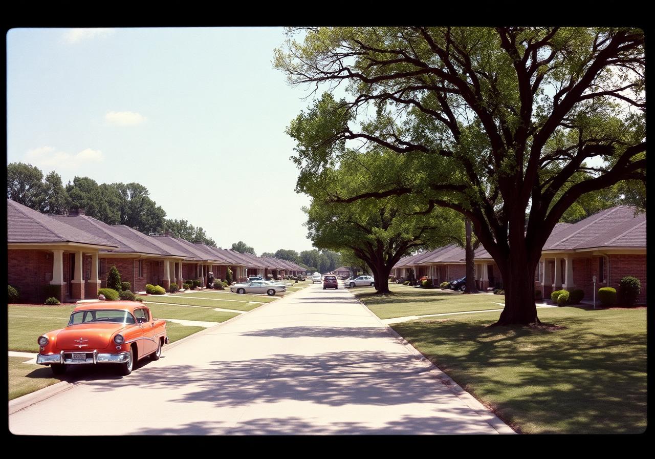 Tree-lined 1950s suburban street with mid-century ranch homes in southern Dallas