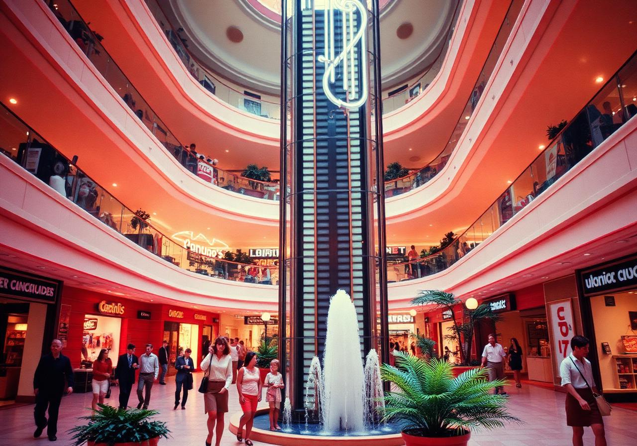 Interior atrium of a vibrant 1980s American shopping mall with fountains and neon