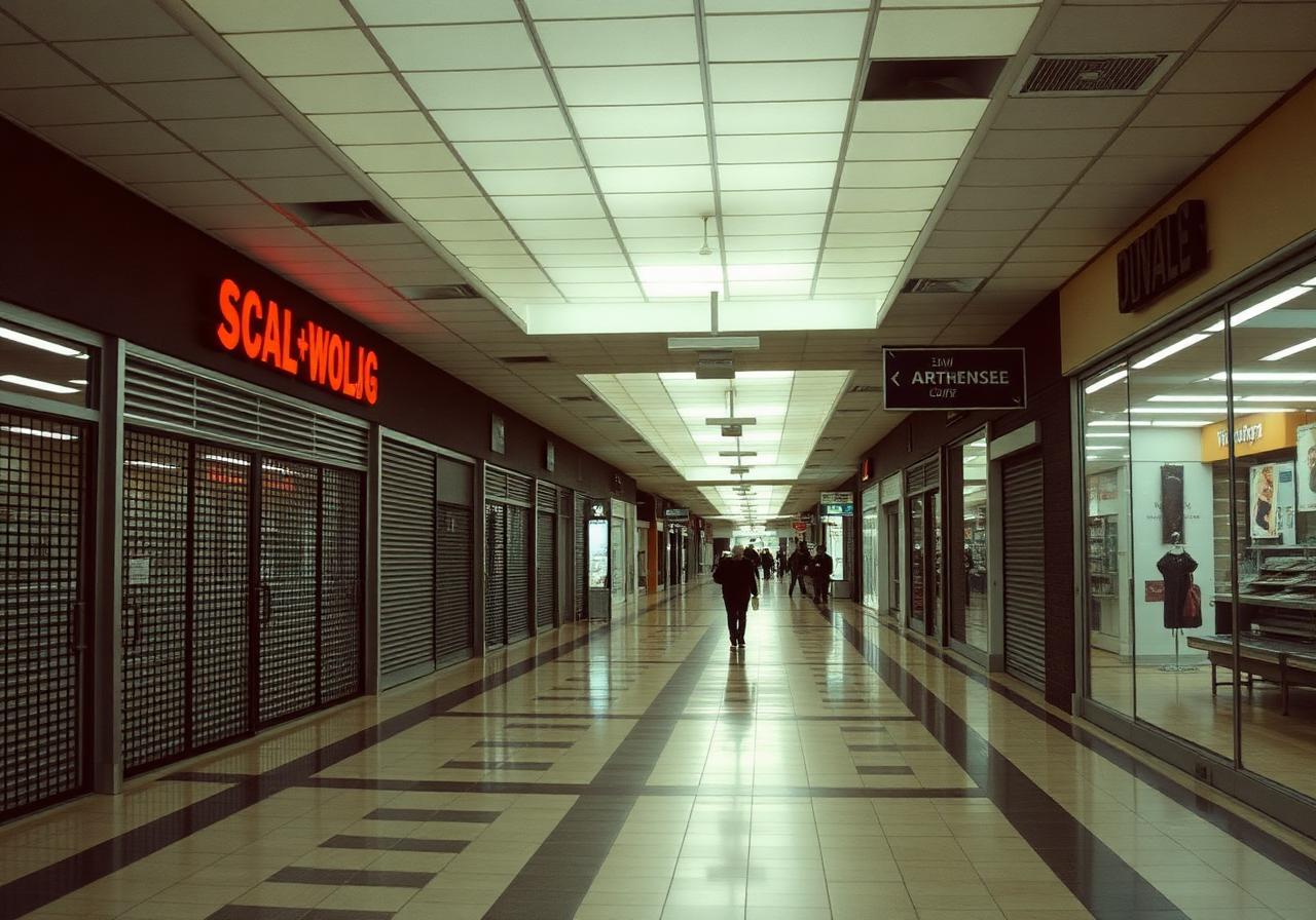 Empty corridor of a declining American shopping mall with shuttered storefronts