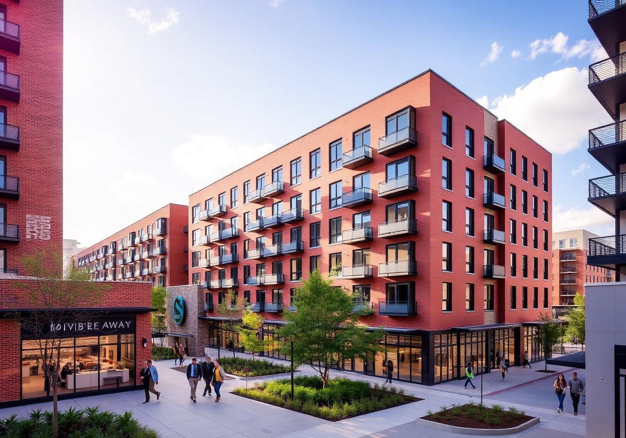 Modern brick mid-rise mixed-use development with retail and apartments in Red Bird