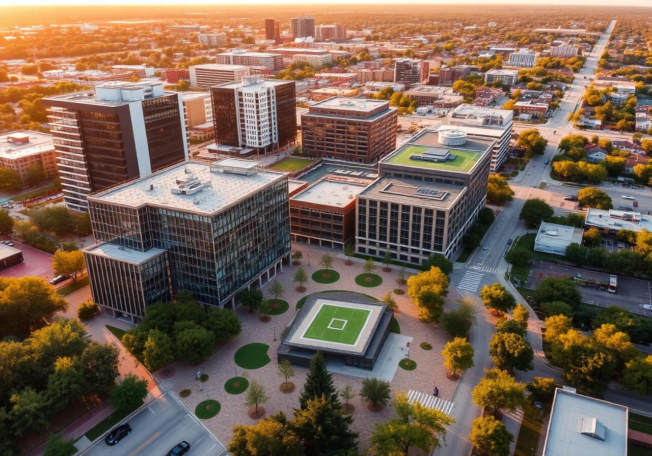 Aerial view of the reimagined Red Bird District in southern Dallas at golden hour